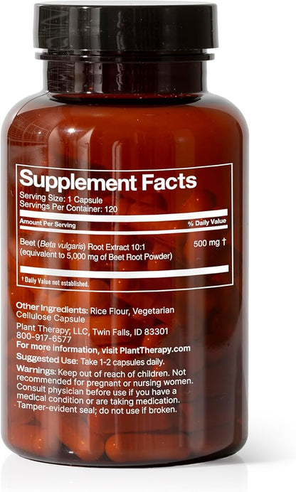 Plant Therapy Beet Root Herbal Supplement Capsules, Boosts Stamina & Fights Fatigue, Great for Muscle Recovery & Cardiovascular Health, 120 Vegetarian Capsules (4 Month Supply), Made in The USA