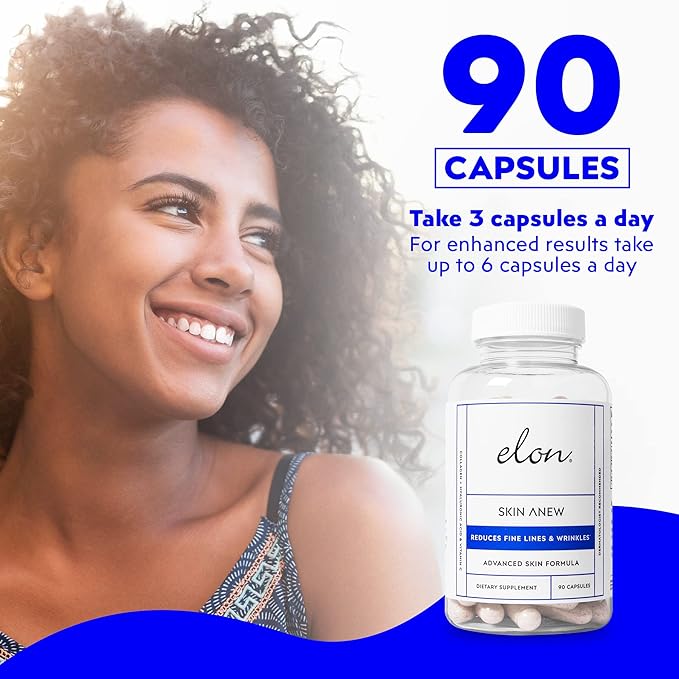 Elon Skin Anew with Hydrolyzed Collagen & Hyaluronic Acid & Antioxidants | Hydrating & Anti Aging Skin Supplement for Vibrant Skin Health (90 Capsules)