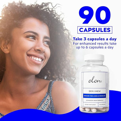 Elon Skin Anew with Hydrolyzed Collagen & Hyaluronic Acid & Antioxidants | Hydrating & Anti Aging Skin Supplement for Vibrant Skin Health (90 Capsules)