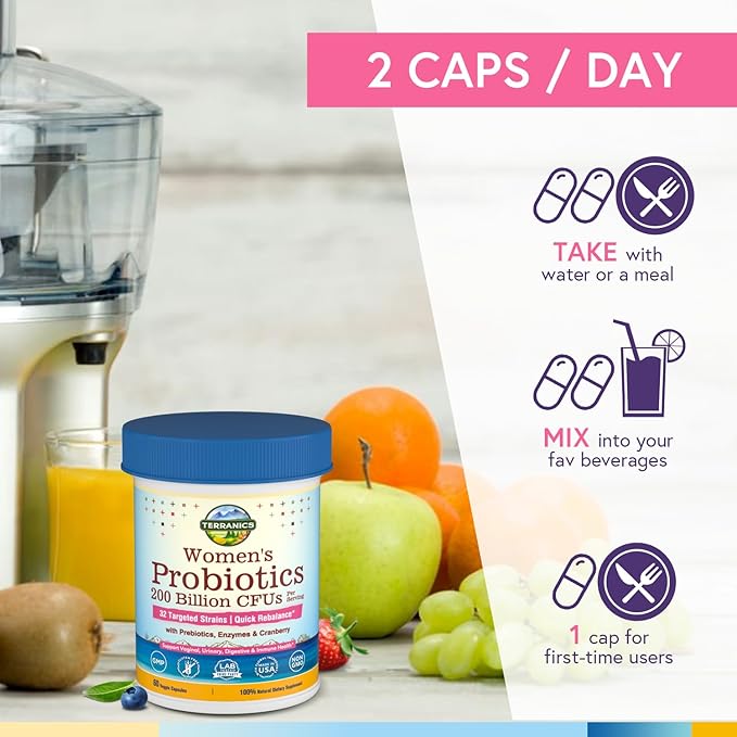 Terranics Daily Probiotics for Women, 200 Billion 32 Strains Womens Probiotics, with Cranberry, Prebiotics & Enzymes, Rebalance Vaginal Flora & pH, Delayed Release, Shelf Stable, 60 Vegan Caps