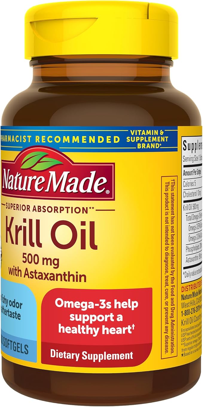 Nature Made Superior Absorption Krill Oil 500mg with Astaxanthin and Phospholipids, Omega 3s for Heart Health Support, 100 Softgels, 100 Day Supply