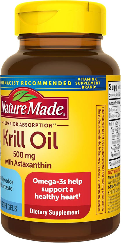 Nature Made Superior Absorption Krill Oil 500mg with Astaxanthin and Phospholipids, Omega 3s for Heart Health Support, 100 Softgels, 100 Day Supply