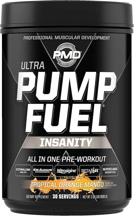 PMD Sports Ultra Pump Fuel Insanity - Pre Workout Drink Mix for Energy, Strength, Endurance, Recovery - Complex Carbohydrates and Amino Energy - Tropical Orange Mango (30 Servings)