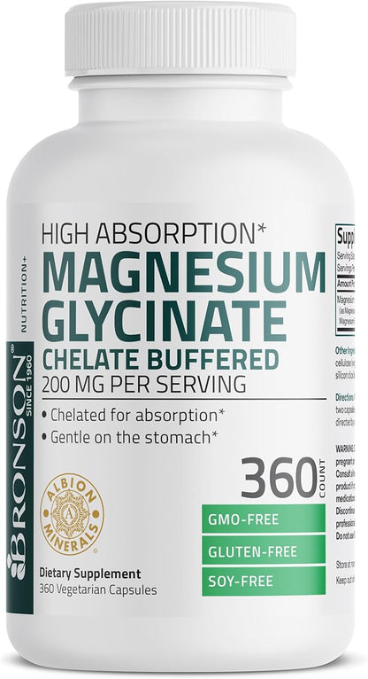 Bronson Magnesium Glycinate 200 MG per Serving Chelated for High Absorption, Gentle On Stomach, Non-GMO, 360 Vegetarian Capsules