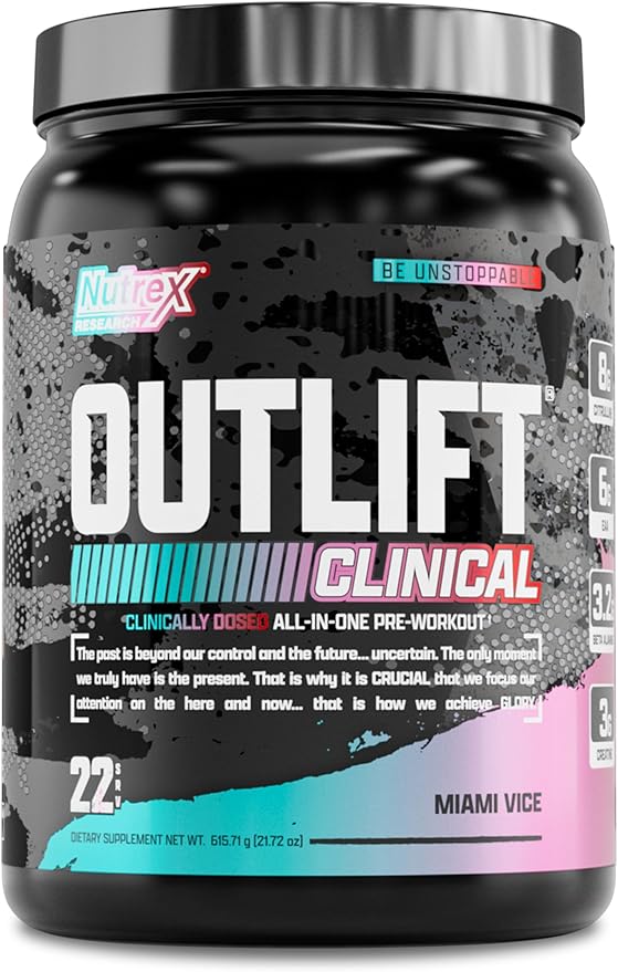 Nutrex Research Outlift Clinical | Clinically Dosed Pre Workout Powder with Creatine, 8G Citrulline, EAA | Energy, Performance, Pump Preworkout | Pineapple and Coconut | (22 Servings, Miami Vice)