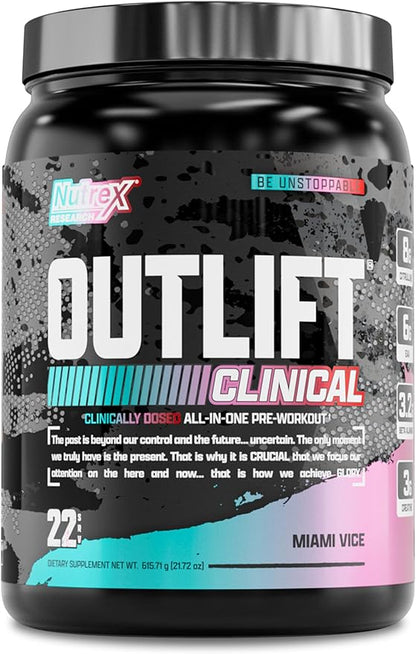 Nutrex Research Outlift Clinical | Clinically Dosed Pre Workout Powder with Creatine, 8G Citrulline, EAA | Energy, Performance, Pump Preworkout | Pineapple and Coconut | (22 Servings, Miami Vice)