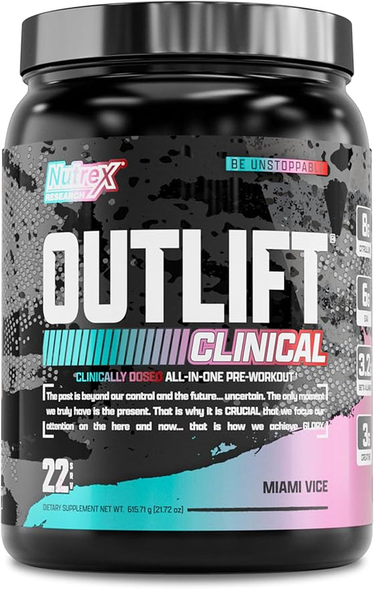Nutrex Research Outlift Clinical | Clinically Dosed Pre Workout Powder with Creatine, 8G Citrulline, EAA | Energy, Performance, Pump Preworkout | Pineapple and Coconut | (22 Servings, Miami Vice)
