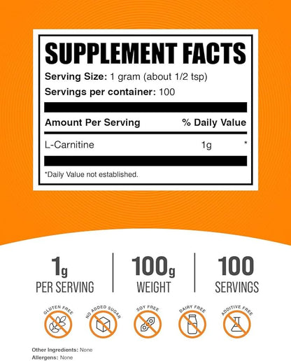 BulkSupplements.com L-Carnitine Powder - Carnitine Supplement, L Carnitine 1000mg, Carnitine Powder - Amino Acid Supplement, Gluten Free, 1g per Serving, 100g (3.5 oz) (Pack of 1)