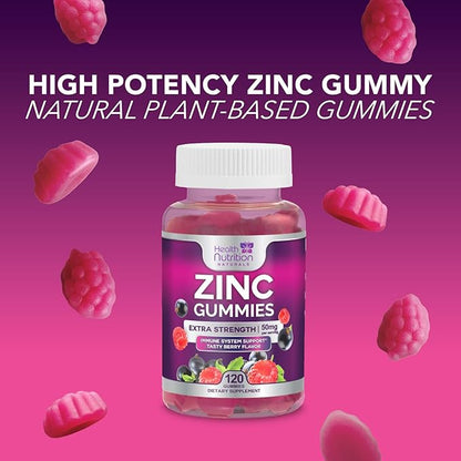Zinc Gummy for Adults 50mg, Max Strength Bone, Skin & Immune Support Zinc Gummies, Vegan, Non-GMO & Gluten Free, Immune Health Support, Nature’s Antioxidant Chewable Zinc Vitamins - 120 Gummies
