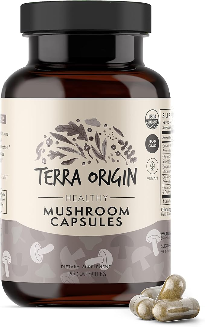 TERRA ORIGIN Healthy Mushroom Capsules | Certified USDA Organic | 90 Veggie Caps | Reishi Mushroom, Lions Mane | Potent Immune Support & Nootropic Brain Supplement |