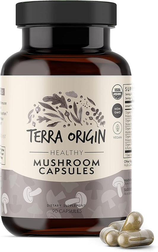 TERRA ORIGIN Healthy Mushroom Capsules | Certified USDA Organic | 90 Veggie Caps | Reishi Mushroom, Lions Mane | Potent Immune Support & Nootropic Brain Supplement |