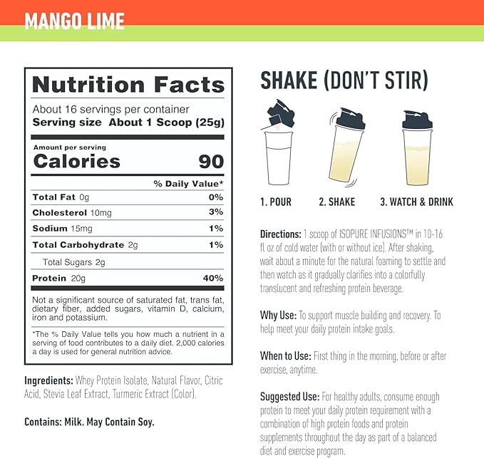 Isopure Protein Powder, Clear Whey Isolate Protein, Post Workout Recovery Drink Mix, Gluten Free with Zero Added Sugar, Infusions- Mango Lime, 16 Servings