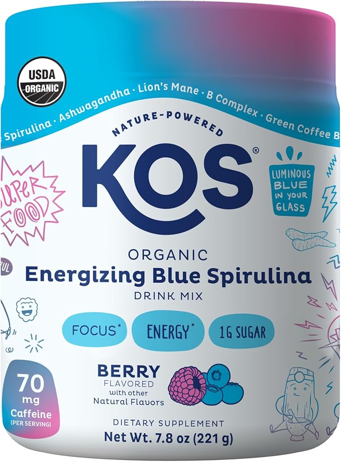 KOS Energizing Blue Spirulina Blend - USDA Certified Organic - B Vitamins, Ashwagandha, Ginseng, Adaptogens, Biotin - Vegan Pre Workout Powder - Caffeinated, Berry Flavored, 28 Servings