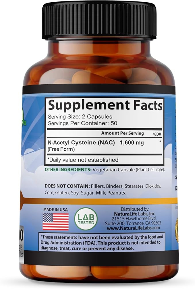 NaturaLife Labs A Higher Standard N-Acetyl-L-Cysteine (NAC) 1600 mg Immune Support & Antioxidants*, Free-Radicals, Free Form - 100 Veggie Capsules
