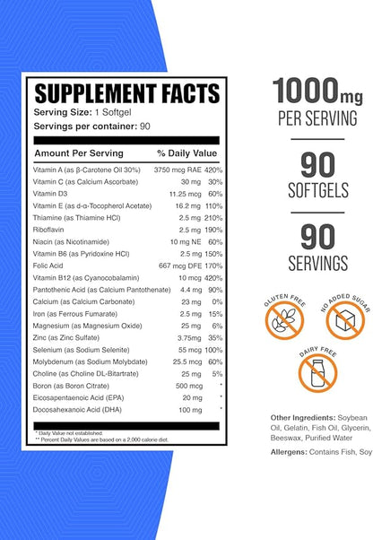 BulkSupplements.com Multivitamin for Men Softgels - Daily Multivitamin, Multimineral Supplement, with Fish Oil - Gluten Free, 1 Men's Multivitamin Softgel per Serving, 90 Count (Pack of 1)