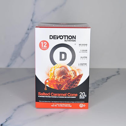 Devotion Nutrition Protein Powder Blend | Gluten Free, Keto Friendly, No Added Sugars | 1g MCT | 20g Whey & Micellar Protein | 12 Count Packets (Salted Caramel Cone)
