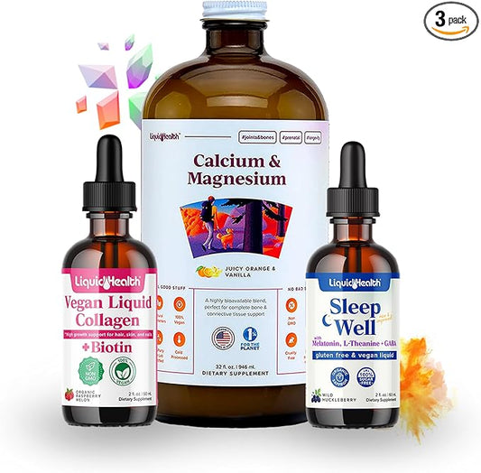 LIQUIDHEALTH Vegan Beauty Sleep Liquid Vitamin Supplement Bundle with Vegan Liquid Collagen + Biotin, Calcium Magnesium Liquid Vitamins, Sleep Well Melatonin Drops - Hair/Skin/Nail Health & Relaxation