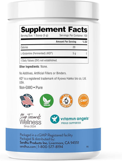 Sandhu's L-Glutamine Powder | 100 Servings, 500 Gram, 17.6 Oz., Large Size, 3 Months Supply| Made in USA | Non-GMO, Amino Acid Supplement for Muscle Support and Gut Health