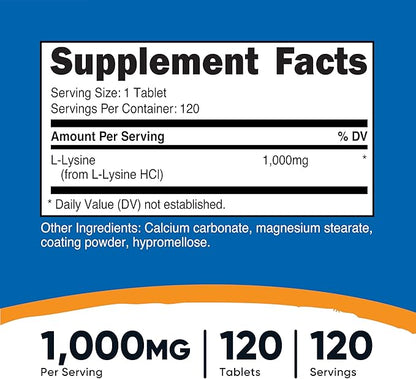 Nutricost L-Lysine 1000mg, 120 Tablets - Gluten Free, Non-GMO, and Vegetarian Friendly