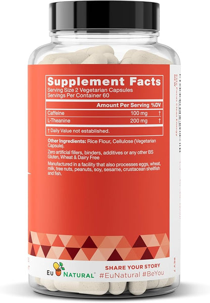 Elite Caffeine Pills with L-Theanine – Jitter-Free Focused Energy Supplements – Clean & Natural Nootropic Stack for Smart Cognitive Performance – 120 Soft Capsules