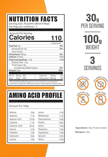 BulkSupplements.com Soy Protein Isolate Powder - Vegan Protein Powder, Soy Protein Powder - Unflavored Protein Powder, Gluten Free, 30g per Serving, 100g (3.5 oz) (Pack of 1)
