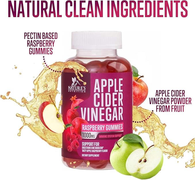Vegan Apple Cider Vinegar Gummies 1000mg for Detox & Cleanse, ACV Gummy Vitamin B12 for Digestion Metabolism & Immune Health Support, Natural Apple Raspberry Flavor, Gluten Free - 120 Gummies