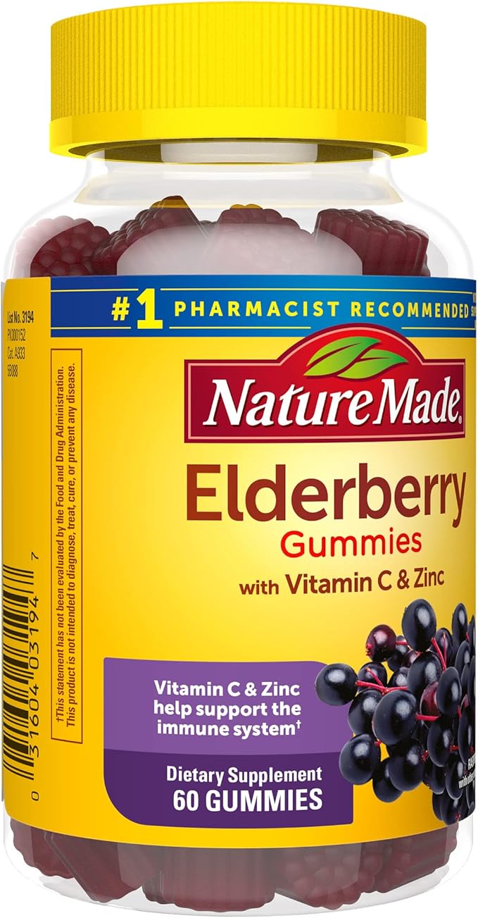 Nature Made Elderberry with Vitamin C and Zinc, Dietary Supplement for Immune Support, 60 Elderberry Gummies, 30 Day Supply