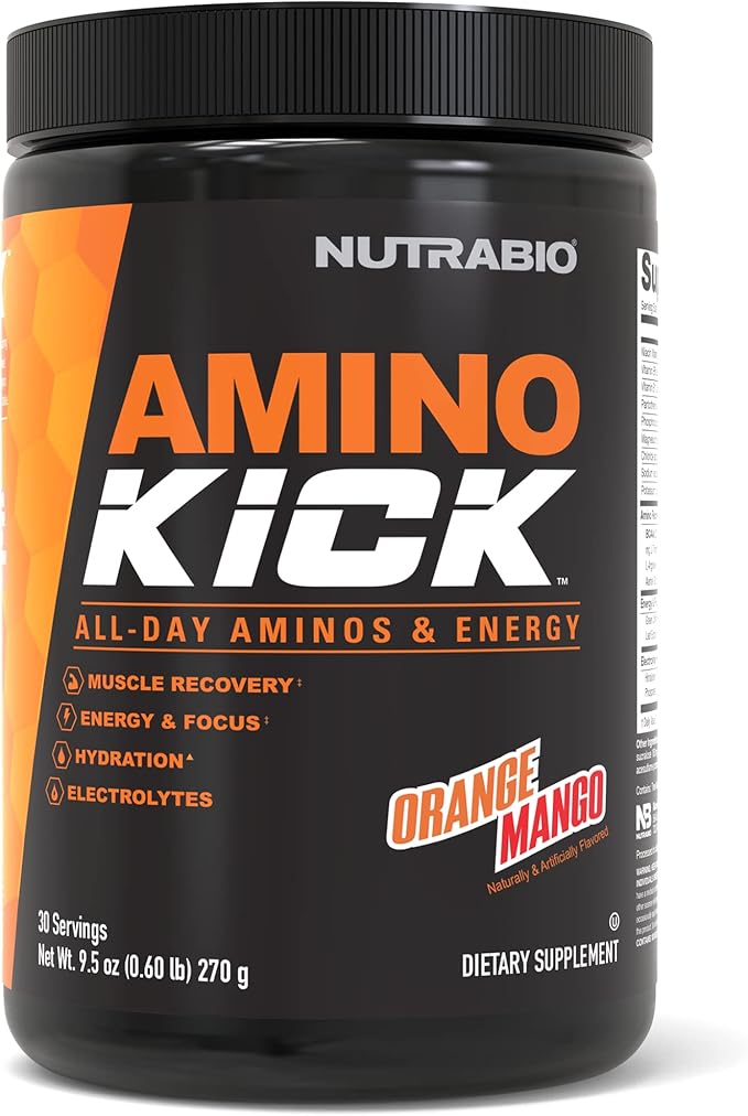 NutraBio Amino Kick - BCAA's, Electrolytes for Hydration, Natural Caffeine- 30 Servings- (Orange Mango)