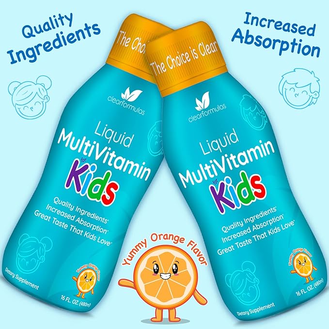 Sugar Free Liquid Multivitamin for Kids - High Absorption Kids Liquid Multivitamin with Vitamins A C D E & B Complex plus Quercetin Immune Support Complex - 3rd Party Tested - Orange Flavor (1 Month)