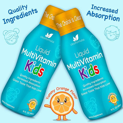 Sugar Free Liquid Multivitamin for Kids - High Absorption Kids Liquid Multivitamin with Vitamins A C D E & B Complex plus Quercetin Immune Support Complex - 3rd Party Tested - Orange Flavor (1 Month)
