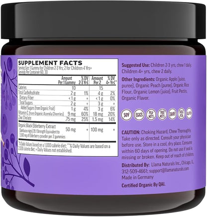 Llama Naturals Real Fruit Sambucus Elderberry Gummies for Kids | No Added Sugar Cane, Vegan, Organic Toddler Immune Support | Zinc & Natural Vitamin C | Children Immunity Boost | 60 ct (30 Days)