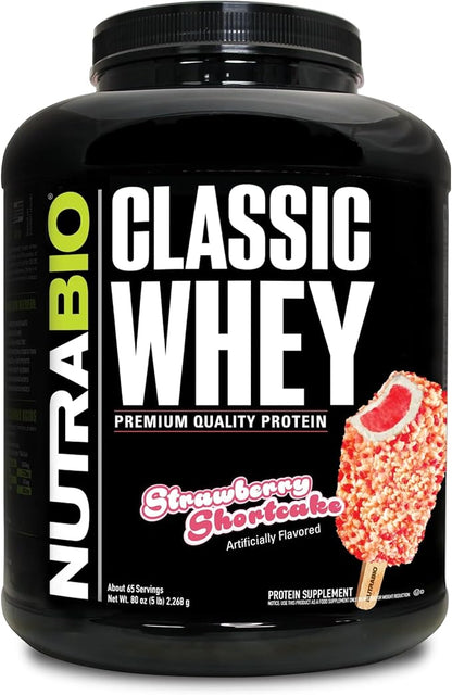 NutraBio Classic Whey Protein Powder - No Fillers, Artificial Colors, Preservatives - Low Glycemic Index - Strawberry Shortcake, 5 Pounds