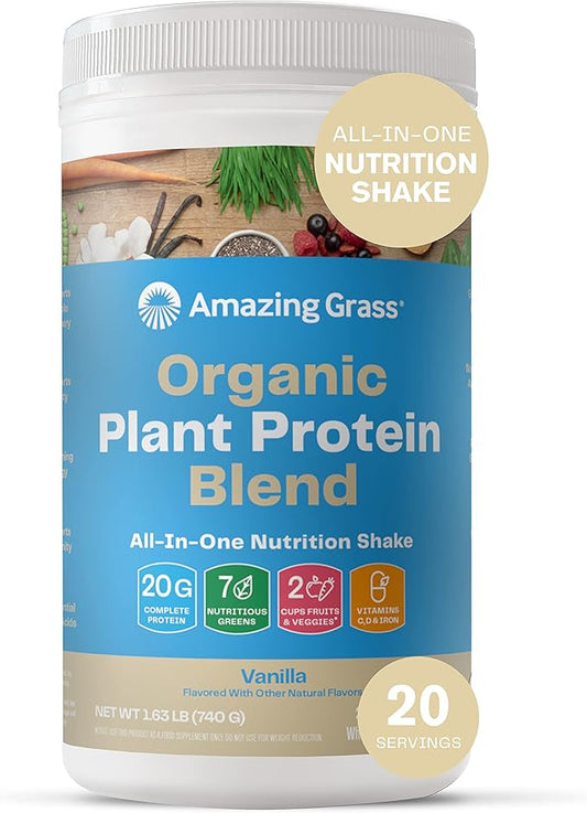 Amazing Grass Organic Plant Protein Blend: Vegan Protein Powder, New Protein Superfood Formula, All-In-One Nutrition Shake with Beet Root, Pure Vanilla, 20 Servings