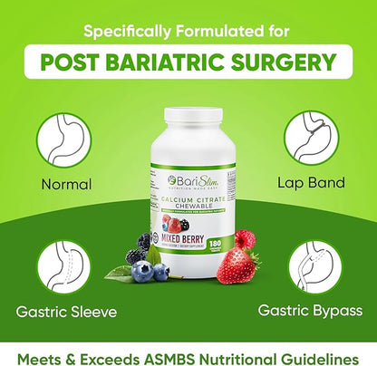 BariSlim Bariatric Calcium Citrate with Magnesium and Vitamin D Tabs - 500 mg of Calcium Citrate Per Serving - Formulated for Patients After Weight Loss Surgery | Mixed Berry (90 Servings)