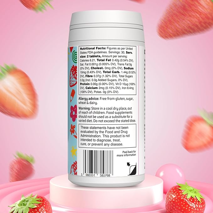 Kids MultiVitamin Supplement, Vegan Chewable Multivitamin for Immune Support, Energy, & Growth, 18 Essential Vitamins & Minerals, Ages 4+ - 60 Tablets, Strawberry