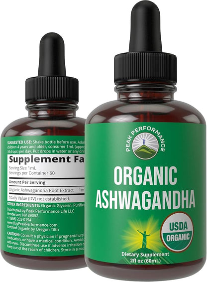 Ashwagandha Liquid Drops. USDA Organic Vegan Supplement. Extra Strength Ashwagandha Root Extract For Women, Men, Kids. With Adaptogens. Zero Sugar, Organic, Gluten Free Tincture Supplements.