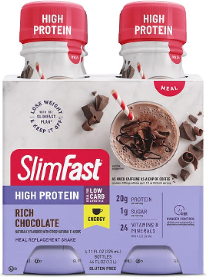 SlimFast Advanced Energy High Protein Meal Replacement Shake, Rich Chocolate, 20g of Ready to Drink Protein with Caffeine, 11 Fl. Oz Bottle, 4 Count (Pack of 3) (Packaging May Vary)