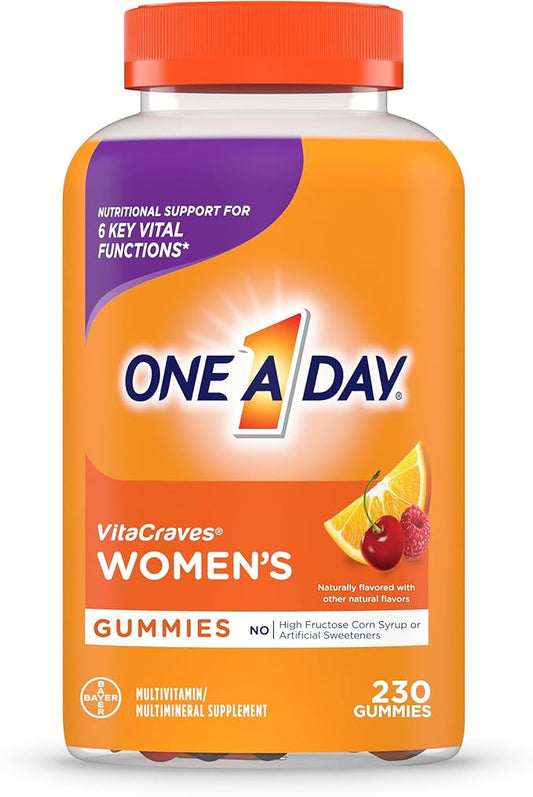 One A Day Women’s Multivitamin Gummies, Supplement with Vitamin A, Vitamin C, Vitamin D, Vitamin E and Zinc for Immune Health Support, Calcium & more, Orange, 230 count, Fruity