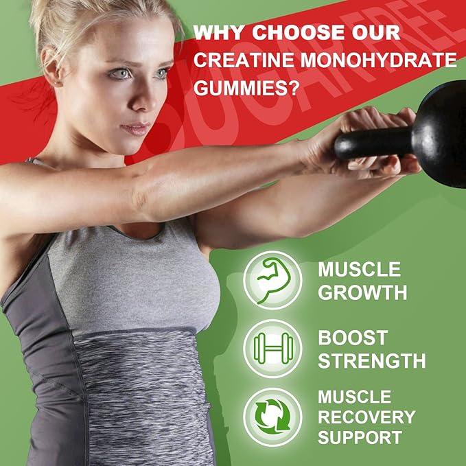 Creatine Monohydrate Gummies for Men & Women, Chewables Creatine Monohydrate for Muscle Strength, Muscle Builder, Energy Boost, Sugar Free, Vegan, Strawberry Flavor-120 Count