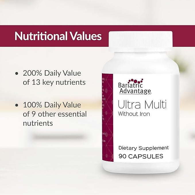 Bariatric Advantage Ultra Multi Without Iron, High Potency Daily Multivitamin for Bariatric Surgery Patients with 22 Essential Vitamins and Nutrients - 90 Capsules, 30 Servings