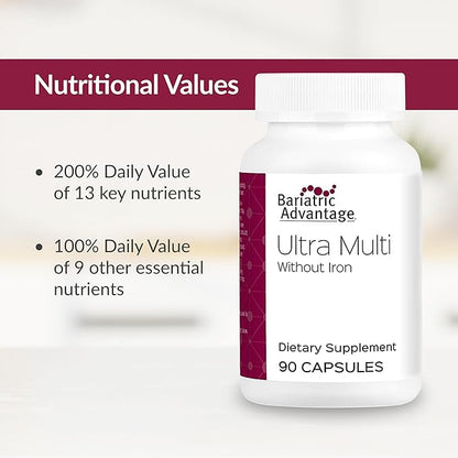 Bariatric Advantage Ultra Multi Without Iron, High Potency Daily Multivitamin for Bariatric Surgery Patients with 22 Essential Vitamins and Nutrients - 90 Capsules, 30 Servings