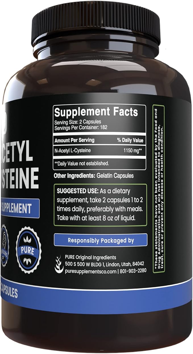 PURE ORIGINAL INGREDIENTS N-Acetyl L-Cysteine (365 Capsules) No Magnesium Or Rice Fillers, Always Pure, Lab Verified