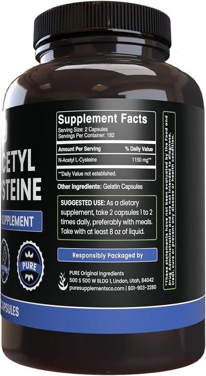 PURE ORIGINAL INGREDIENTS N-Acetyl L-Cysteine (365 Capsules) No Magnesium Or Rice Fillers, Always Pure, Lab Verified