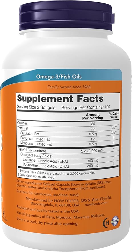 NOW Foods Supplements, Omega-3 180 EPA / 120 DHA, Molecularly Distilled, Cardiovascular Support*, 200 Softgels