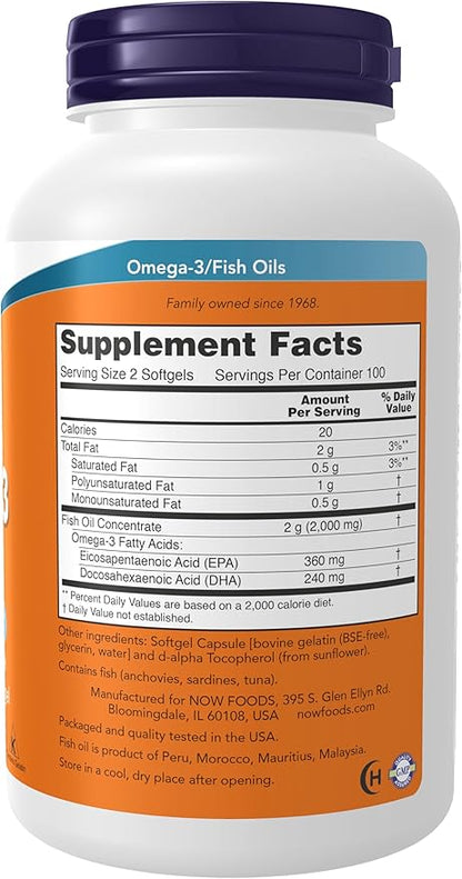 NOW Foods Supplements, Omega-3 180 EPA / 120 DHA, Molecularly Distilled, Cardiovascular Support*, 200 Softgels