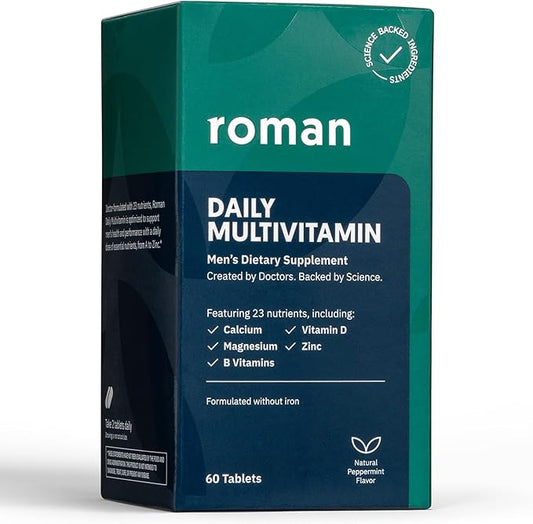 ROMAN Daily Multivitamin for Men | Supports Physical Activity, Brain + Heart Health, and Immune System with 23 Key Nutrients Including Calcium, Magnesium, and Zinc | 30-Day Supply (60 Tablets)