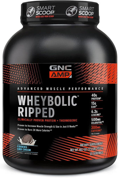 GNC AMP Wheybolic Ripped Whey Protein Powder Isolate with BCAA | Targeted Muscle Building and Workout Support Formula | Gluten Free | Cookies & Cream | 22 Servings