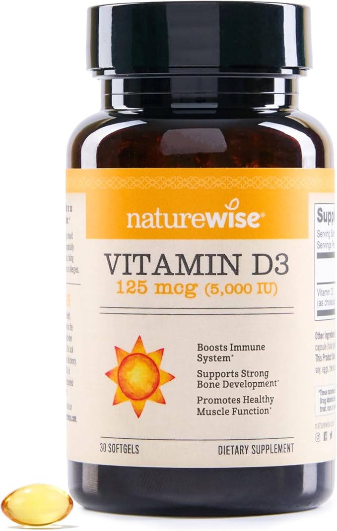 NatureWise Vitamin D3 5000iu (125 mcg) Healthy Muscle Function, and Immune Support, Non-GMO, Gluten Free in Cold-Pressed Olive Oil, Packaging Vary (Mini Softgel), 30 Count