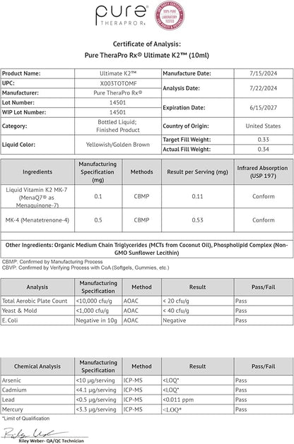 Pure Therapro Rx Ultimate K2 Supplement | Liquid Liposomal Vitamin K2 Drops | 90 Servings | 600mcg Vegan K2 as MK4 & MenaQ7 MK7 | Supports Bone Health, Heart Health, Skin & Hair | 10 mL