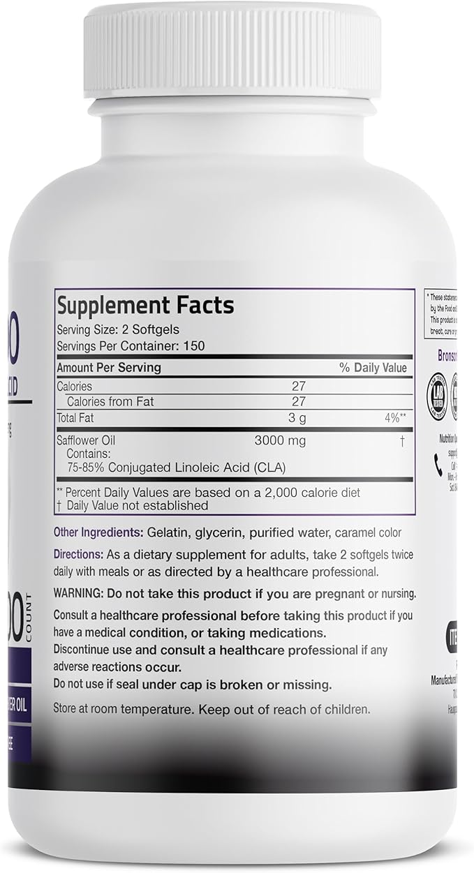 Bronson CLA 3000 Extra High Potency Supports Healthy Weight Management Lean Muscle Mass Non-Stimulating Conjugated Linoleic Acid 300 Softgels